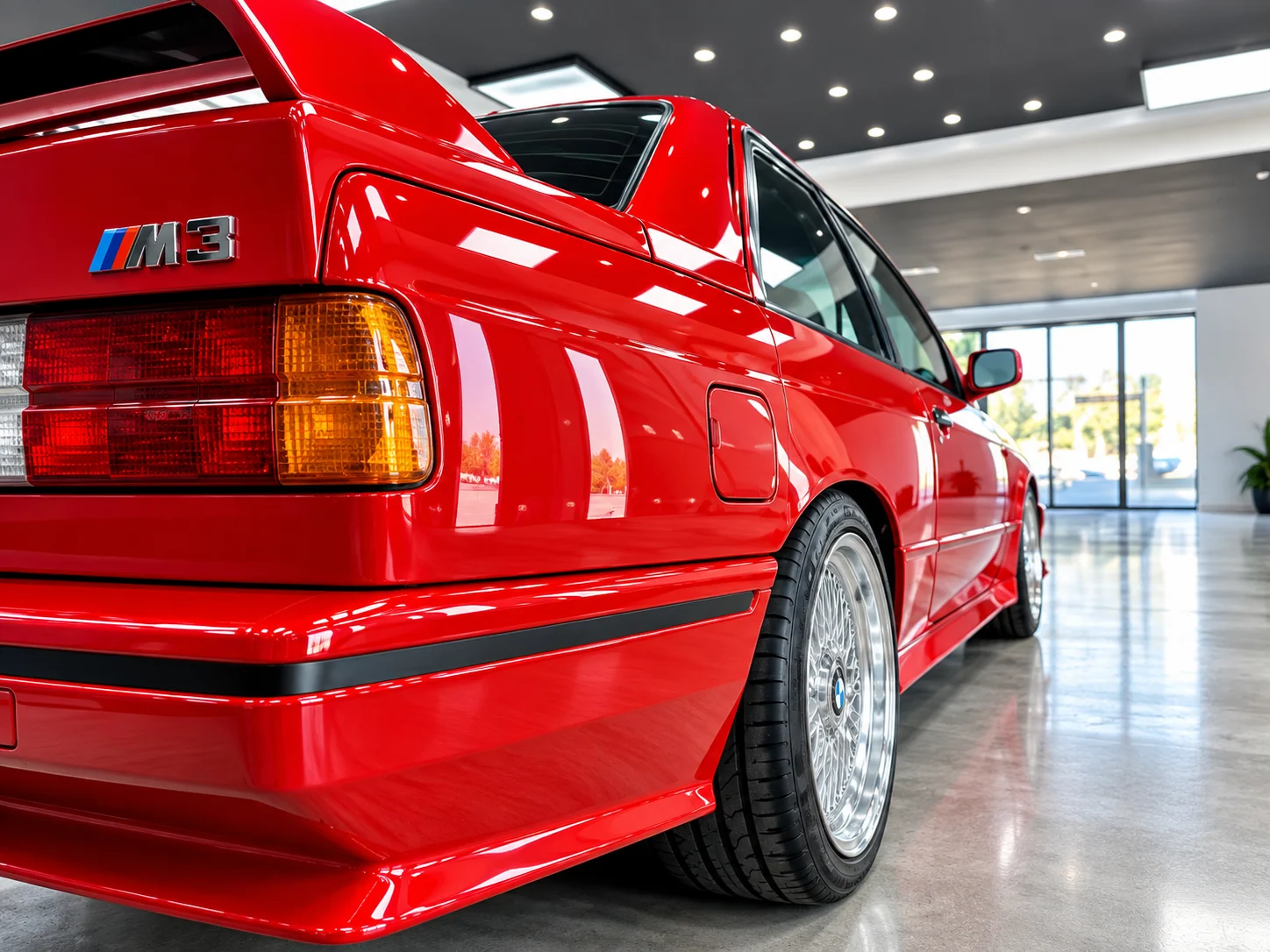 BMW M3 roșu fotografiat în atelier pentru prezentarea pachetului Ceramic V3