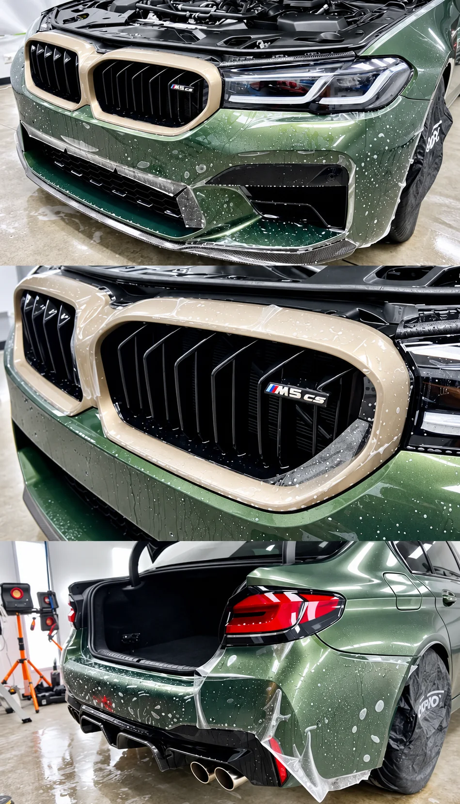 Trei cadre din aplicarea foliei de protecție pe un BMW verde: partea frontală, grila și bara spate