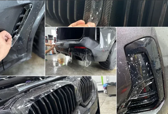 Colaj cu folie PPF aplicată pe detaliile unui BMW