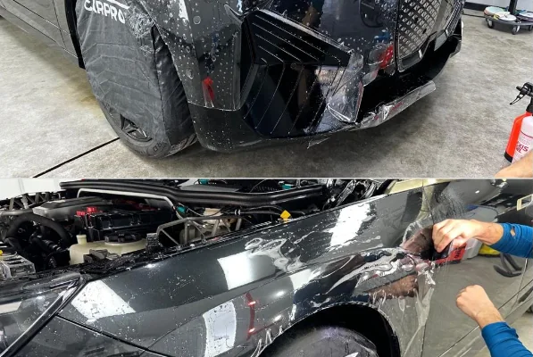 Colaj cu aplicarea foliei de protecție pe bara și aripa unui BMW