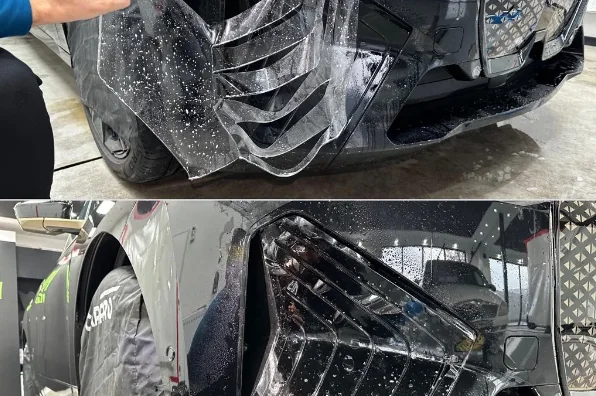 Colaj cu montajul foliei PPF pe bara față a unui BMW