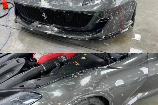 Colaj cu folie PPF pe bara față și aripa unui Ferrari gri